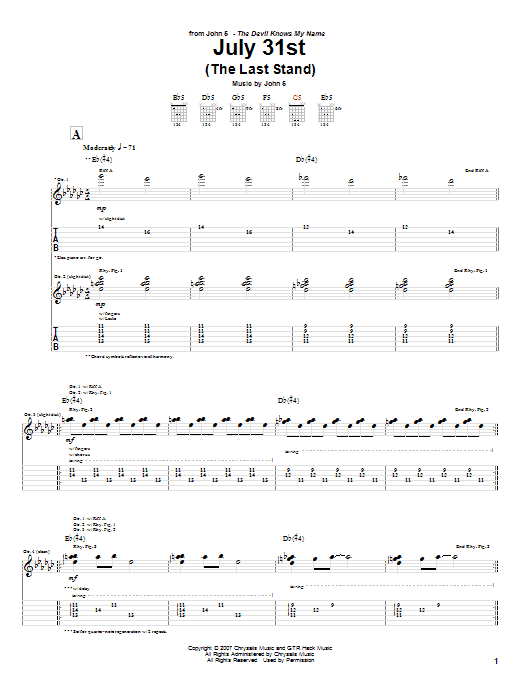 Download John 5 July 31st (The Last Stand) Sheet Music and learn how to play Guitar Tab PDF digital score in minutes