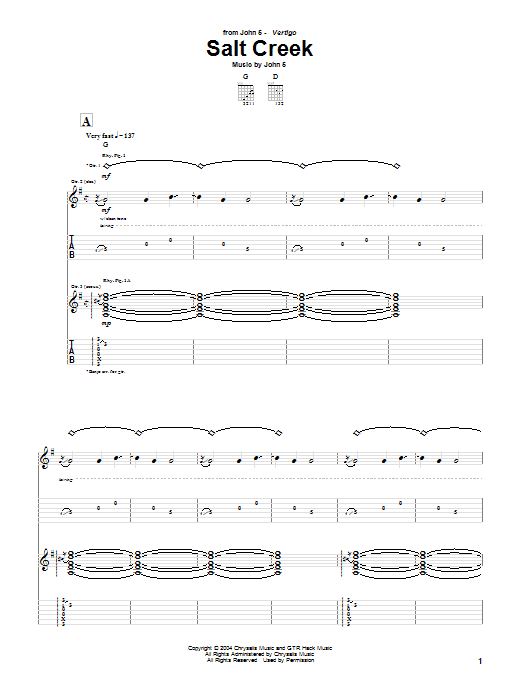 Download John 5 Salt Creek Sheet Music and learn how to play Guitar Tab PDF digital score in minutes