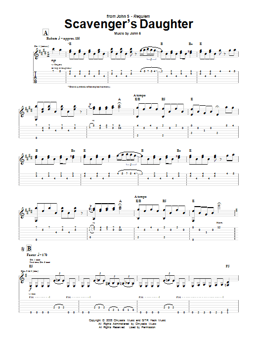 Download John 5 Scavenger's Daughter Sheet Music and learn how to play Guitar Tab PDF digital score in minutes