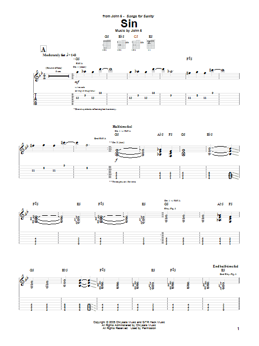 Download John 5 Sin Sheet Music and learn how to play Guitar Tab PDF digital score in minutes