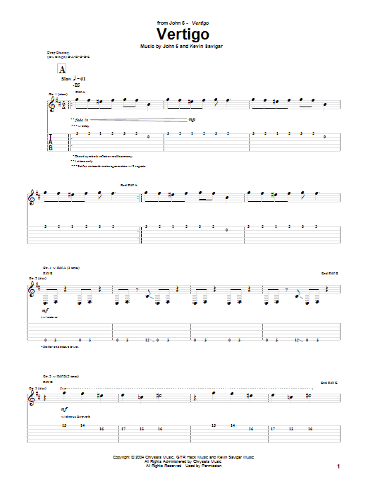 Download John 5 Vertigo Sheet Music and learn how to play Guitar Tab PDF digital score in minutes