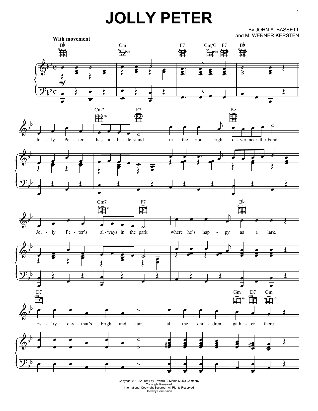 Download John A. Bassett Jolly Peter Sheet Music and learn how to play Piano, Vocal & Guitar (Right-Hand Melody) PDF digital score in minutes