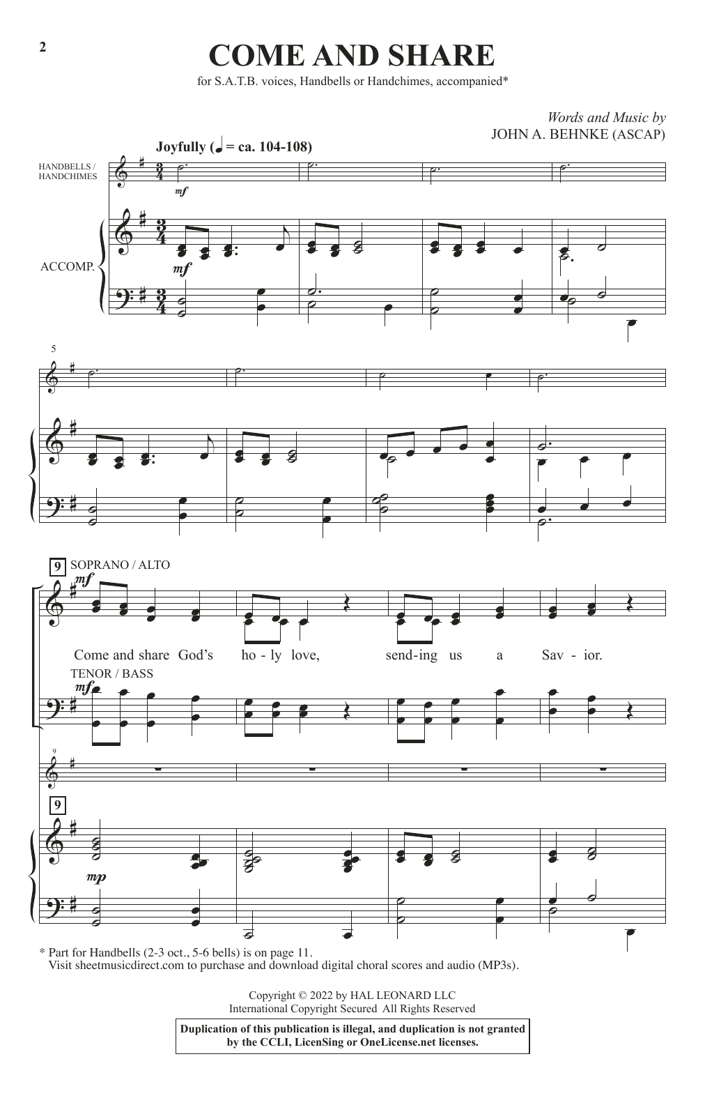 Download John A. Behnke Come And Share Sheet Music and learn how to play SATB Choir PDF digital score in minutes