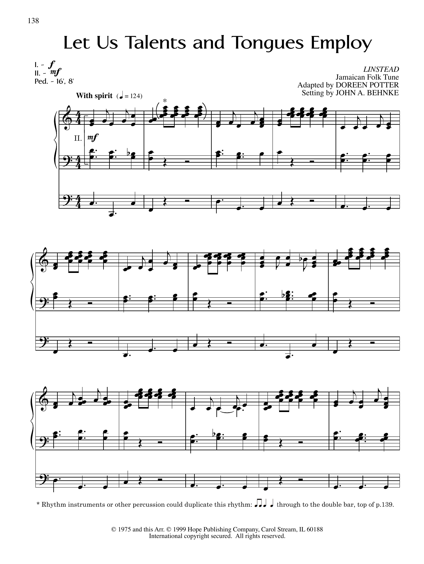 Download John A. Behnke Let Us Talents and Tongues Employ Sheet Music and learn how to play Organ PDF digital score in minutes