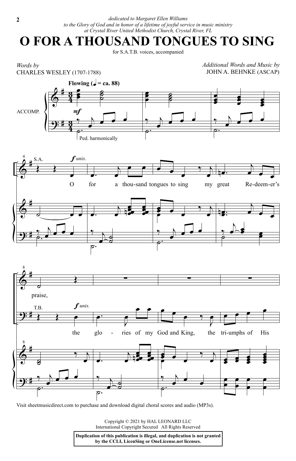 Download John A. Behnke O For A Thousand Tongues To Sing Sheet Music and learn how to play SATB Choir PDF digital score in minutes