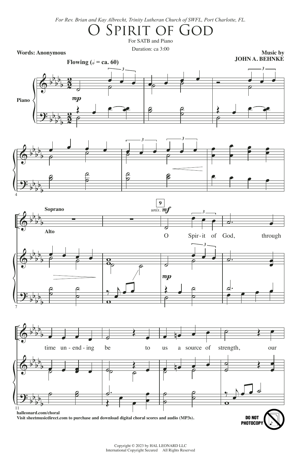 Download John A. Behnke O Spirit Of God Sheet Music and learn how to play SATB Choir PDF digital score in minutes