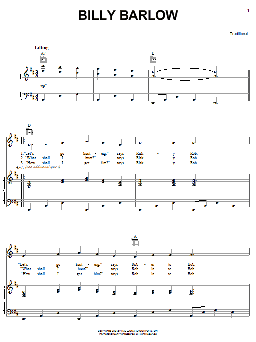Download John A. Lomax Billy Barlow Sheet Music and learn how to play Piano, Vocal & Guitar (Right-Hand Melody) PDF digital score in minutes