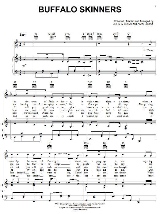Download John A. Lomax Buffalo Skinners Sheet Music and learn how to play Piano, Vocal & Guitar (Right-Hand Melody) PDF digital score in minutes