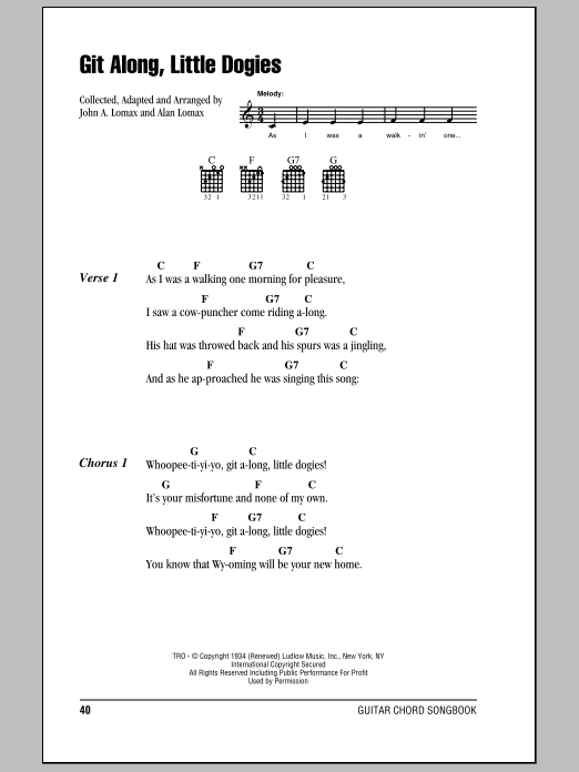 Download John A. Lomax Git Along, Little Dogies Sheet Music and learn how to play Lyrics & Chords PDF digital score in minutes