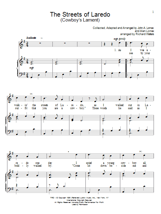Download John A. Lomax The Streets Of Laredo Sheet Music and learn how to play Piano & Vocal PDF digital score in minutes
