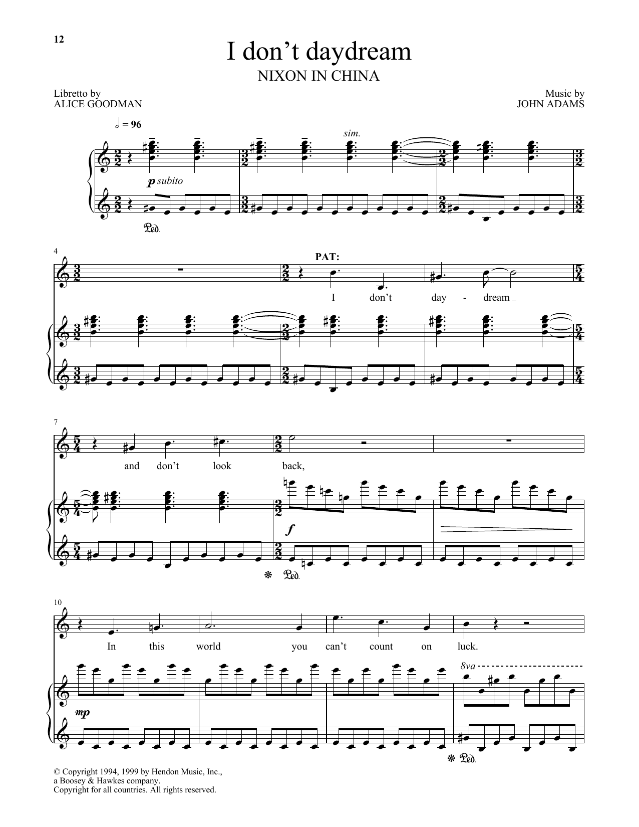 Download John Adams I don't daydream (from Nixon In China) Sheet Music and learn how to play Piano & Vocal PDF digital score in minutes