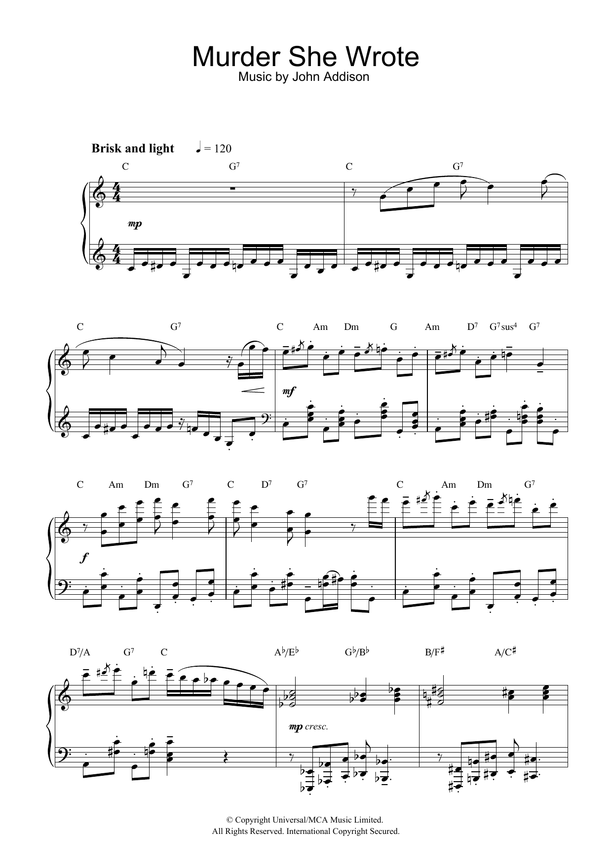 Download John Addison Murder, She Wrote Sheet Music and learn how to play Piano Solo PDF digital score in minutes