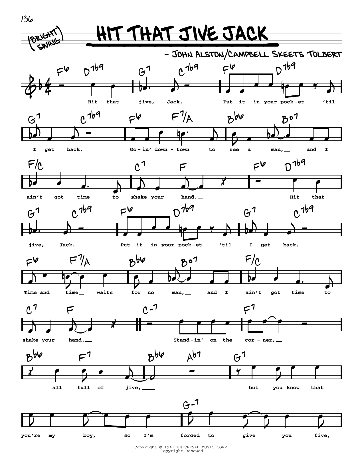 Download John Alston Hit That Jive Jack (High Voice) Sheet Music and learn how to play Real Book – Melody, Lyrics & Chords PDF digital score in minutes