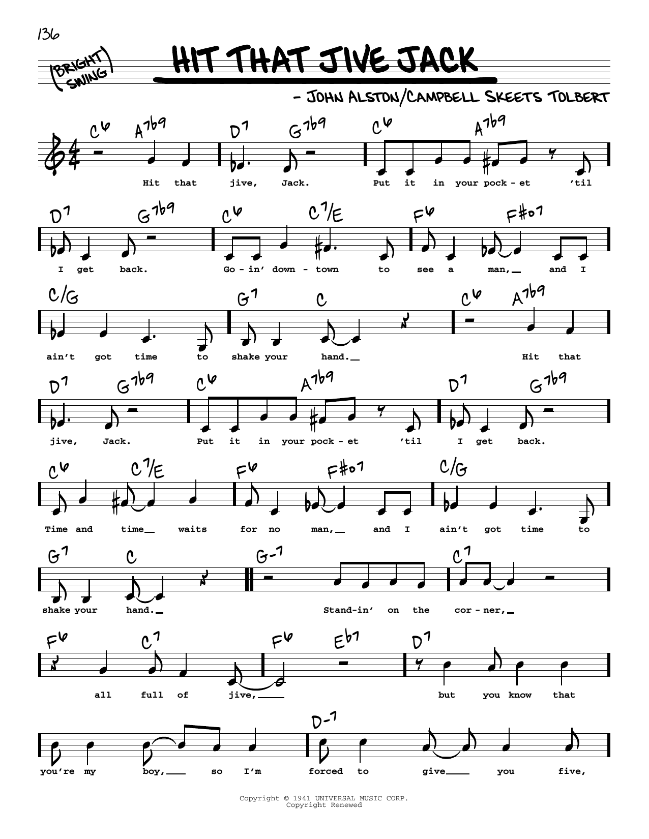 Download John Alston Hit That Jive Jack (Low Voice) Sheet Music and learn how to play Real Book – Melody, Lyrics & Chords PDF digital score in minutes
