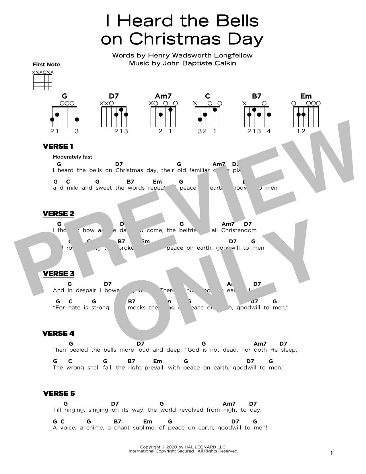 Download John Baptiste Calkin I Heard The Bells On Christmas Day Sheet Music and learn how to play Really Easy Guitar PDF digital score in minutes