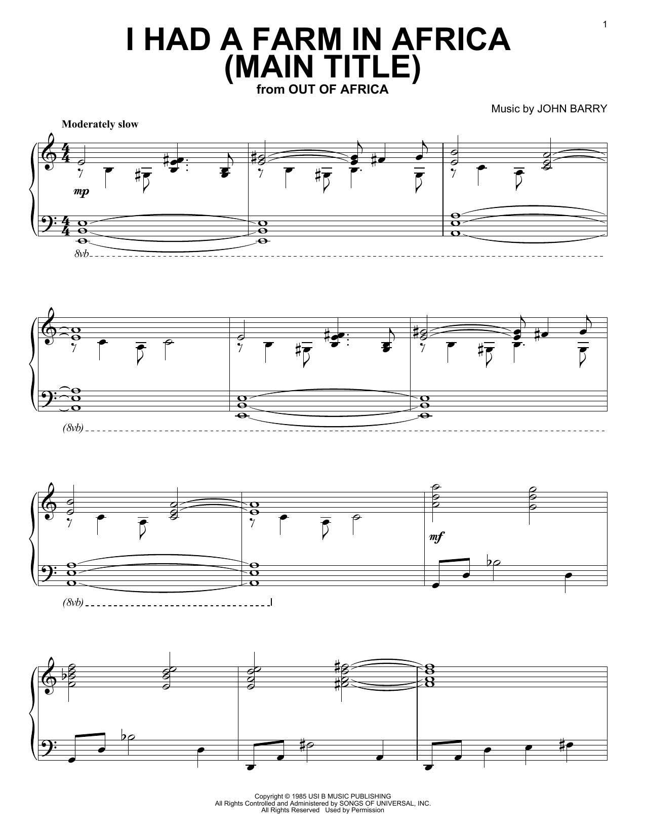 Download John Barry I Had A Farm In Africa (main title from Out Of Africa) Sheet Music and learn how to play Alto Saxophone PDF digital score in minutes