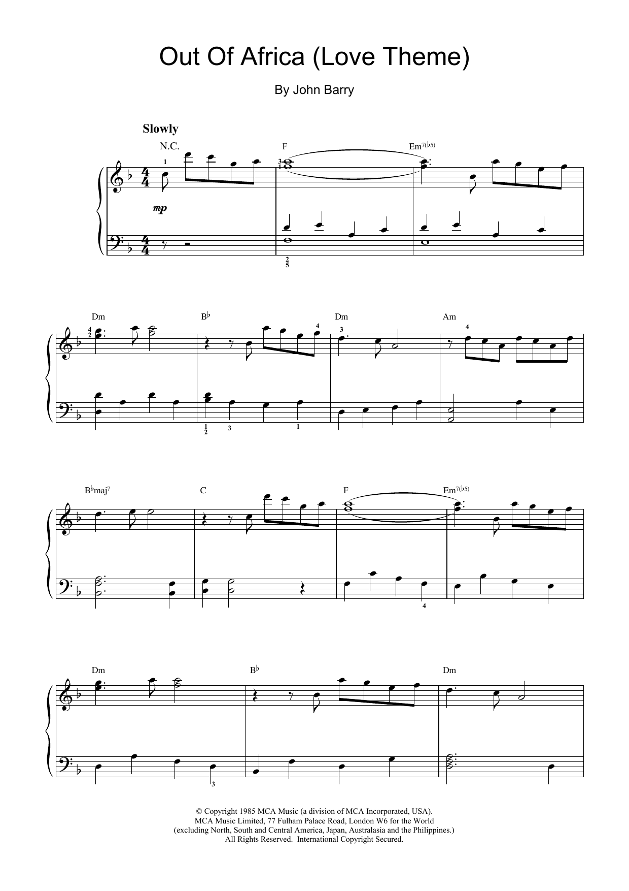 Download John Barry Out Of Africa (Love Theme) Sheet Music and learn how to play Keyboard PDF digital score in minutes