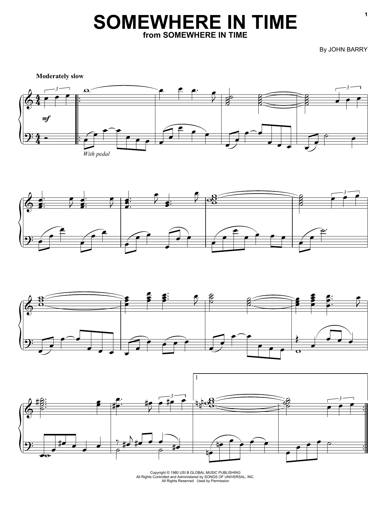 Download John Barry Somewhere In Time Sheet Music and learn how to play Piano PDF digital score in minutes