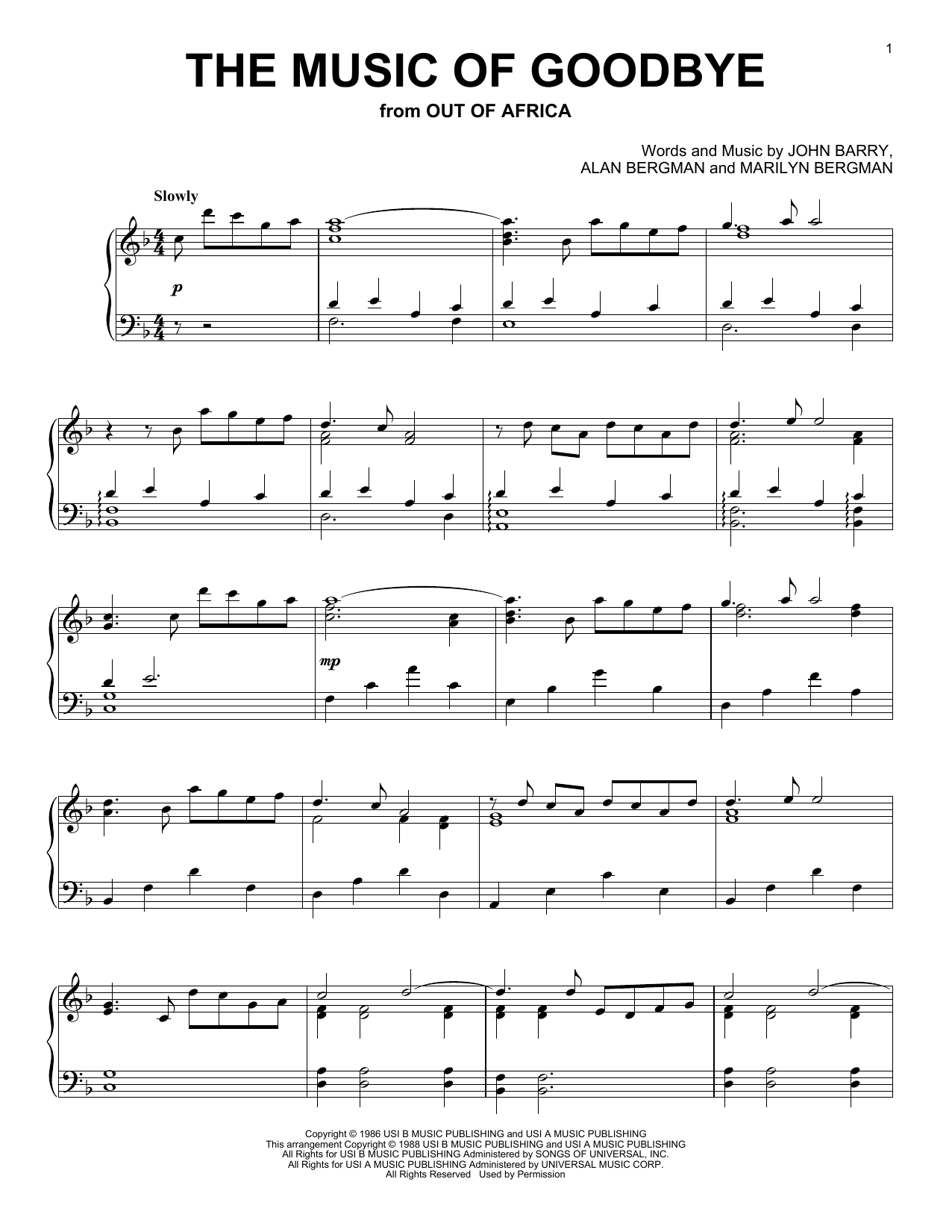 Download John Barry The Music Of Goodbye Sheet Music and learn how to play Piano PDF digital score in minutes