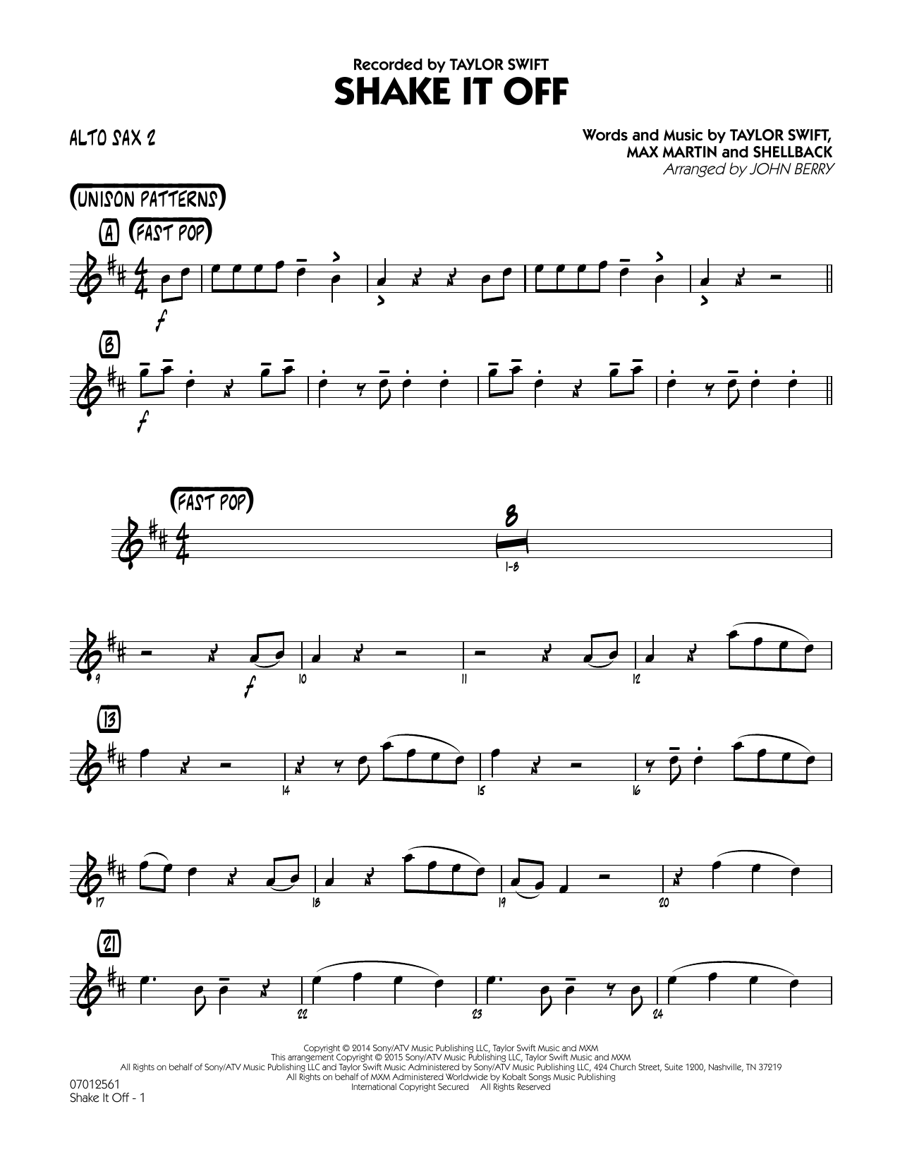 Download John Berry Shake It Off - Alto Sax 2 Sheet Music and learn how to play Jazz Ensemble PDF digital score in minutes