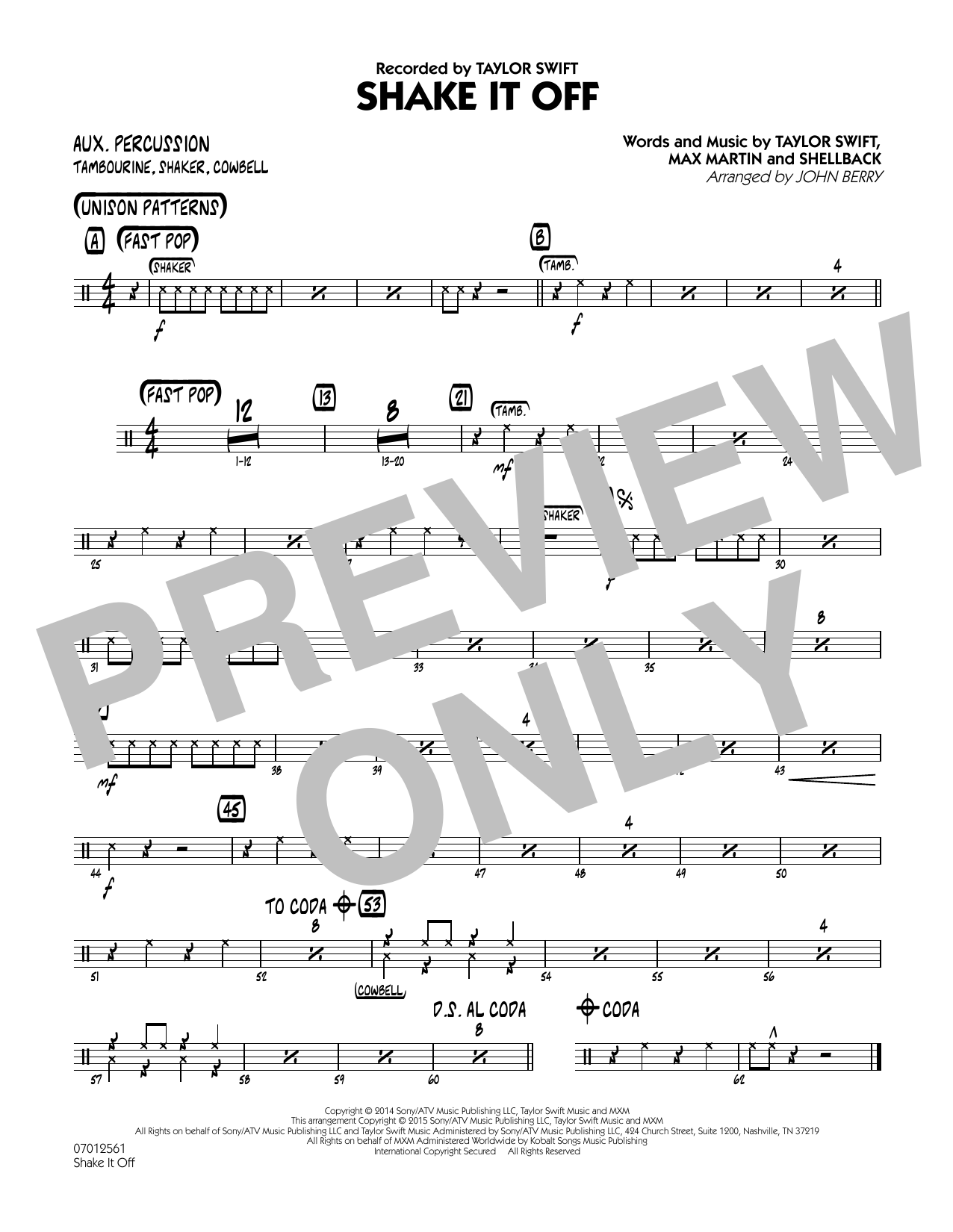 Download John Berry Shake It Off - Aux Percussion Sheet Music and learn how to play Jazz Ensemble PDF digital score in minutes