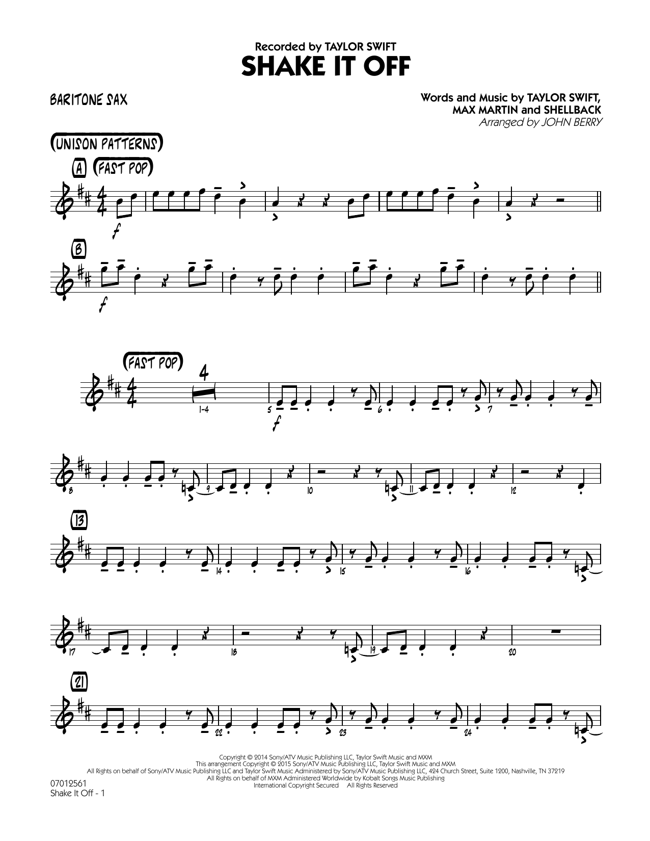 Download John Berry Shake It Off - Baritone Sax Sheet Music and learn how to play Jazz Ensemble PDF digital score in minutes