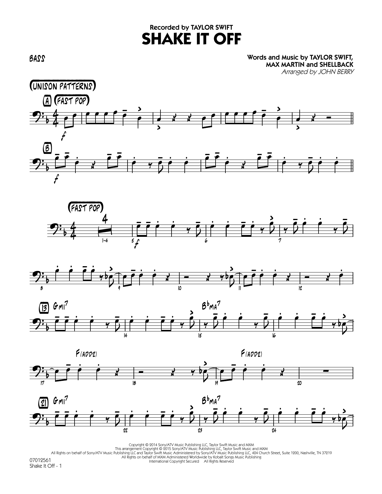 Download John Berry Shake It Off - Bass Sheet Music and learn how to play Jazz Ensemble PDF digital score in minutes