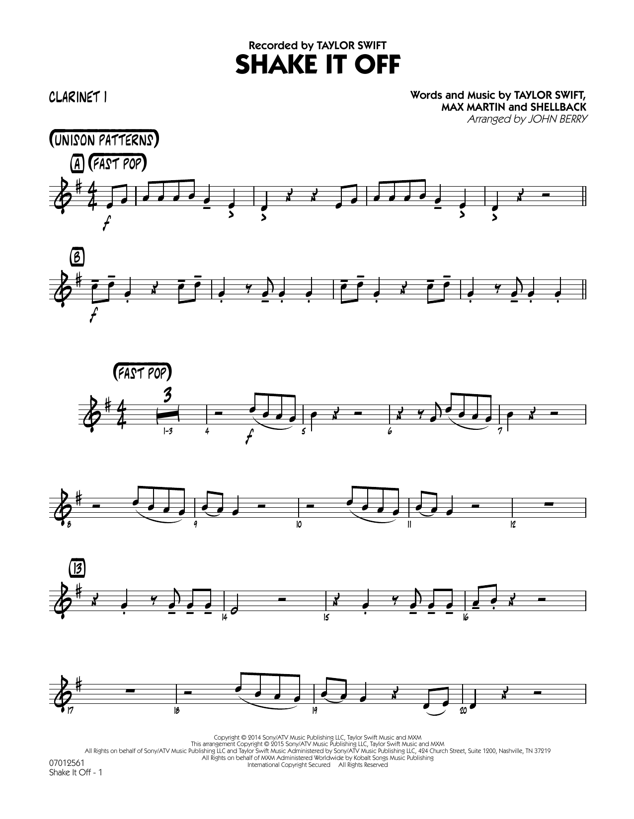 Download John Berry Shake It Off - Bb Clarinet 1 Sheet Music and learn how to play Jazz Ensemble PDF digital score in minutes