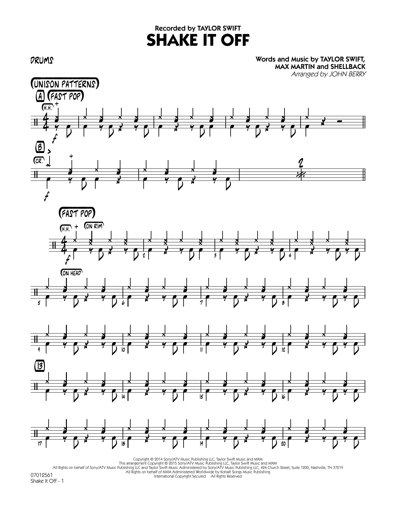 Download John Berry Shake It Off - Drums Sheet Music and learn how to play Jazz Ensemble PDF digital score in minutes