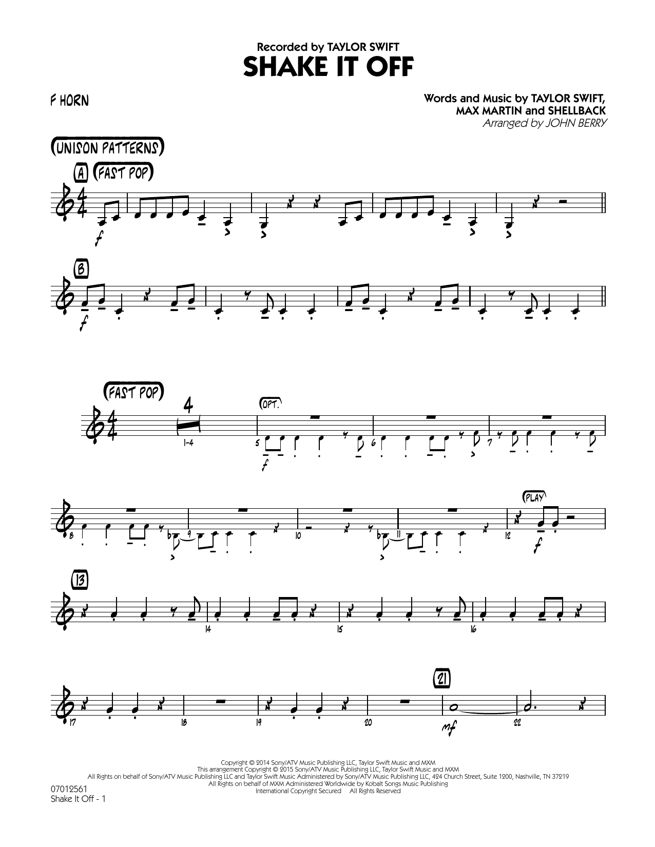 Download John Berry Shake It Off - F Horn Sheet Music and learn how to play Jazz Ensemble PDF digital score in minutes