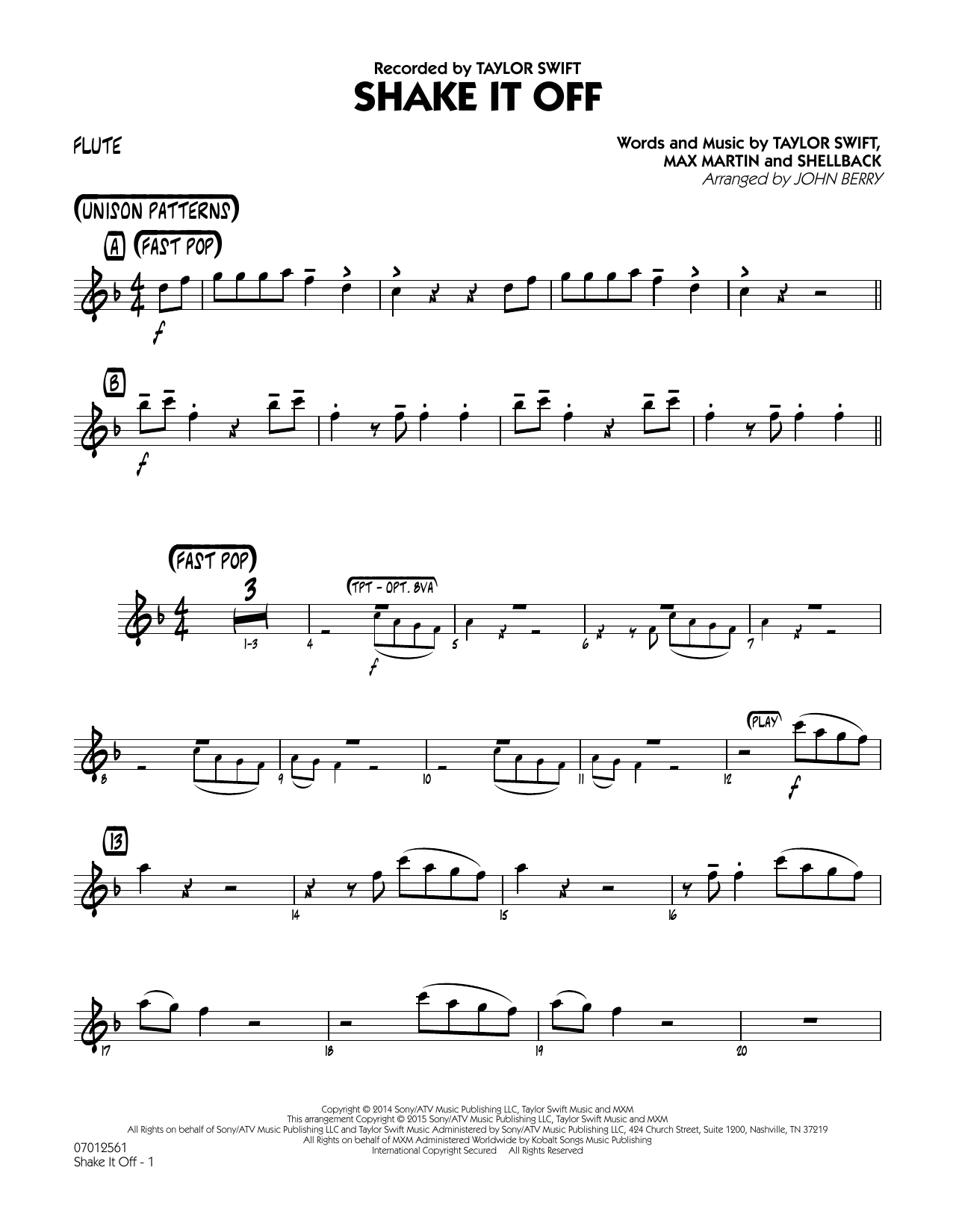 Download John Berry Shake It Off - Flute Sheet Music and learn how to play Jazz Ensemble PDF digital score in minutes