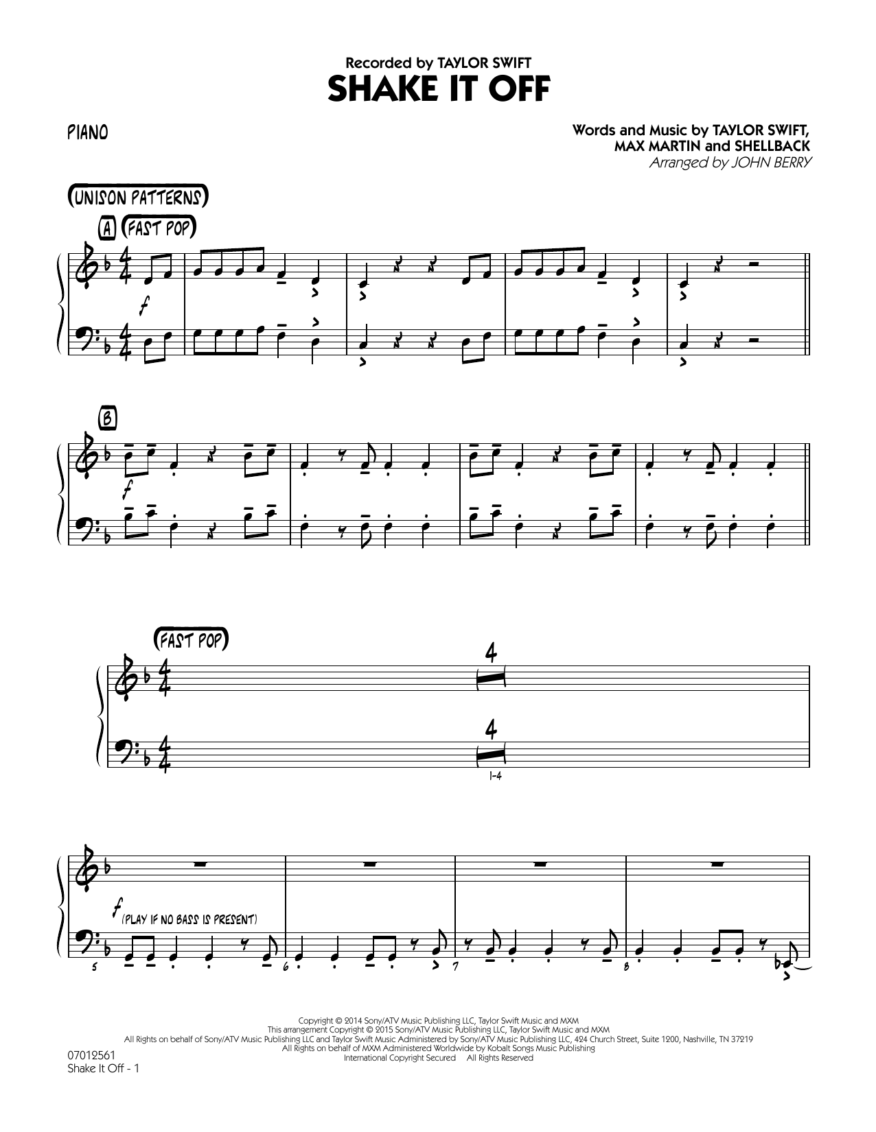 Download John Berry Shake It Off - Piano Sheet Music and learn how to play Jazz Ensemble PDF digital score in minutes