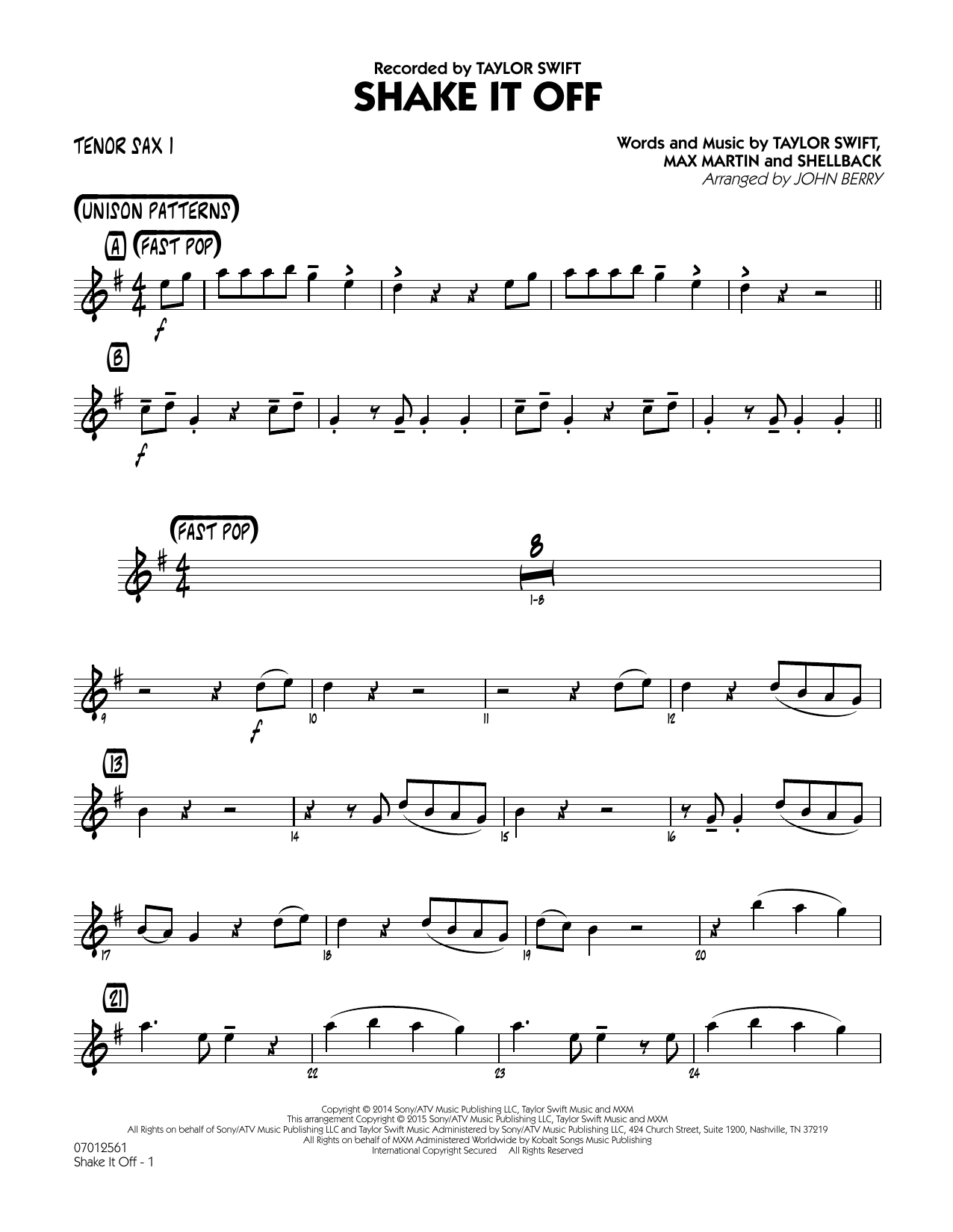 Download John Berry Shake It Off - Tenor Sax 1 Sheet Music and learn how to play Jazz Ensemble PDF digital score in minutes