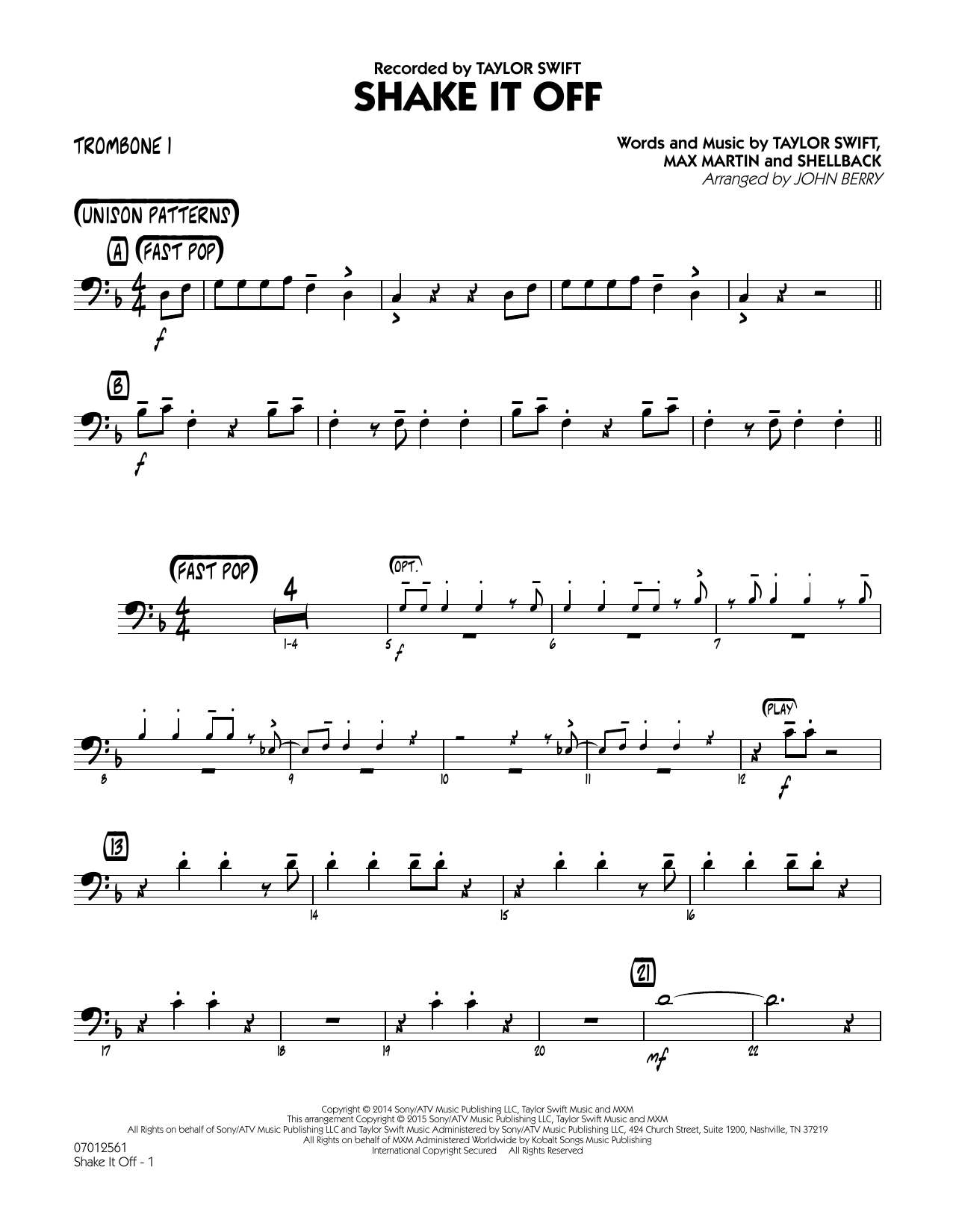 Download John Berry Shake It Off - Trombone 1 Sheet Music and learn how to play Jazz Ensemble PDF digital score in minutes