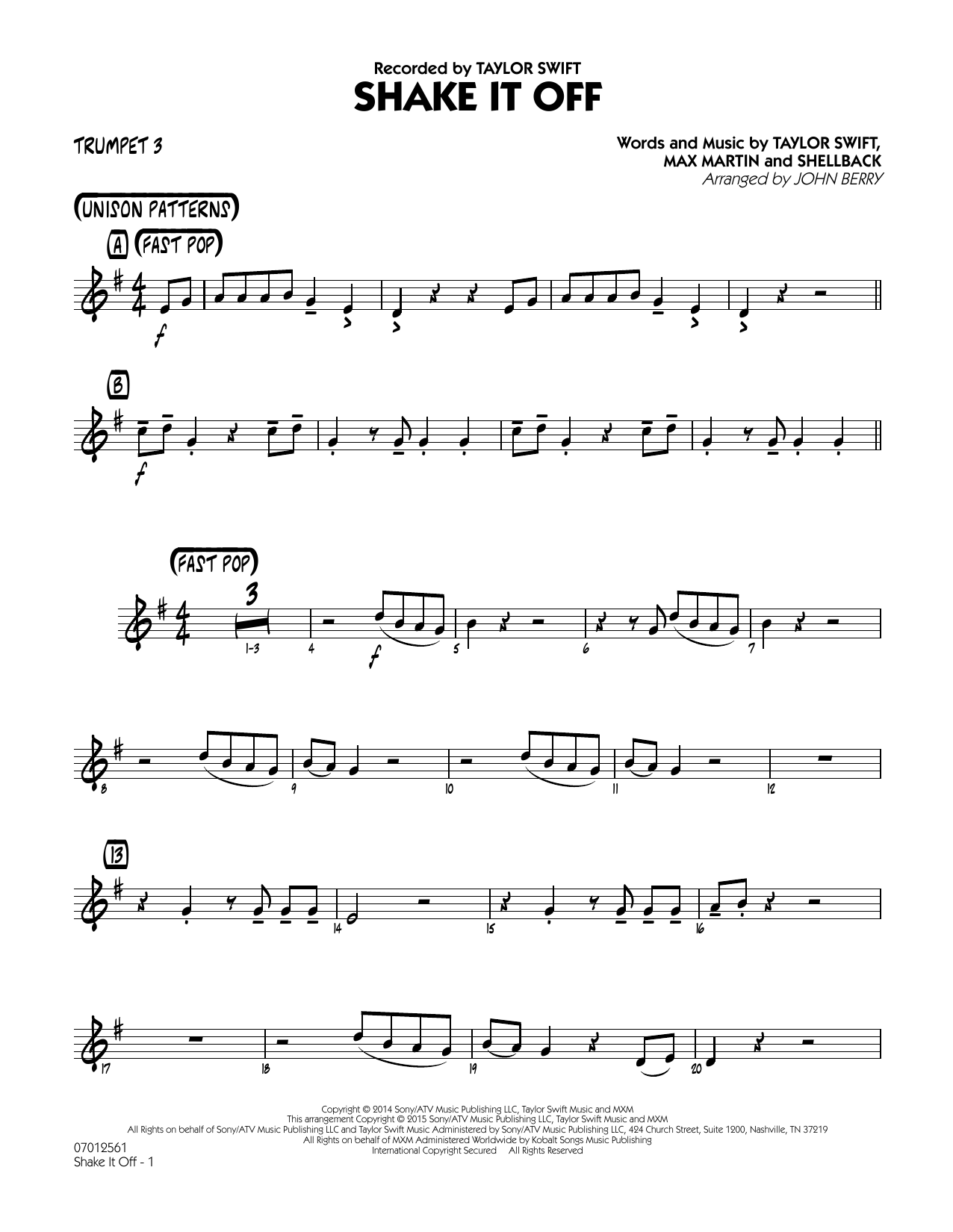 Download John Berry Shake It Off - Trumpet 3 Sheet Music and learn how to play Jazz Ensemble PDF digital score in minutes