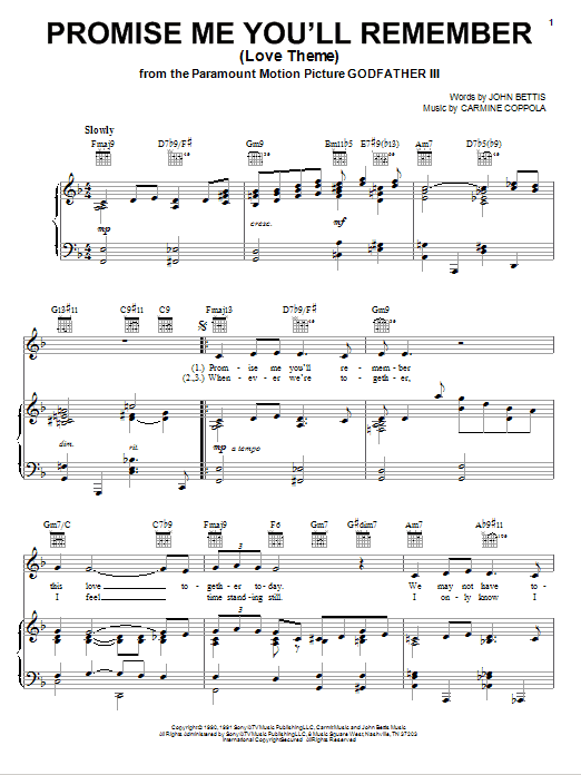 Download John Bettis Promise Me You'll Remember (Love Theme) Sheet Music and learn how to play Piano, Vocal & Guitar (Right-Hand Melody) PDF digital score in minutes