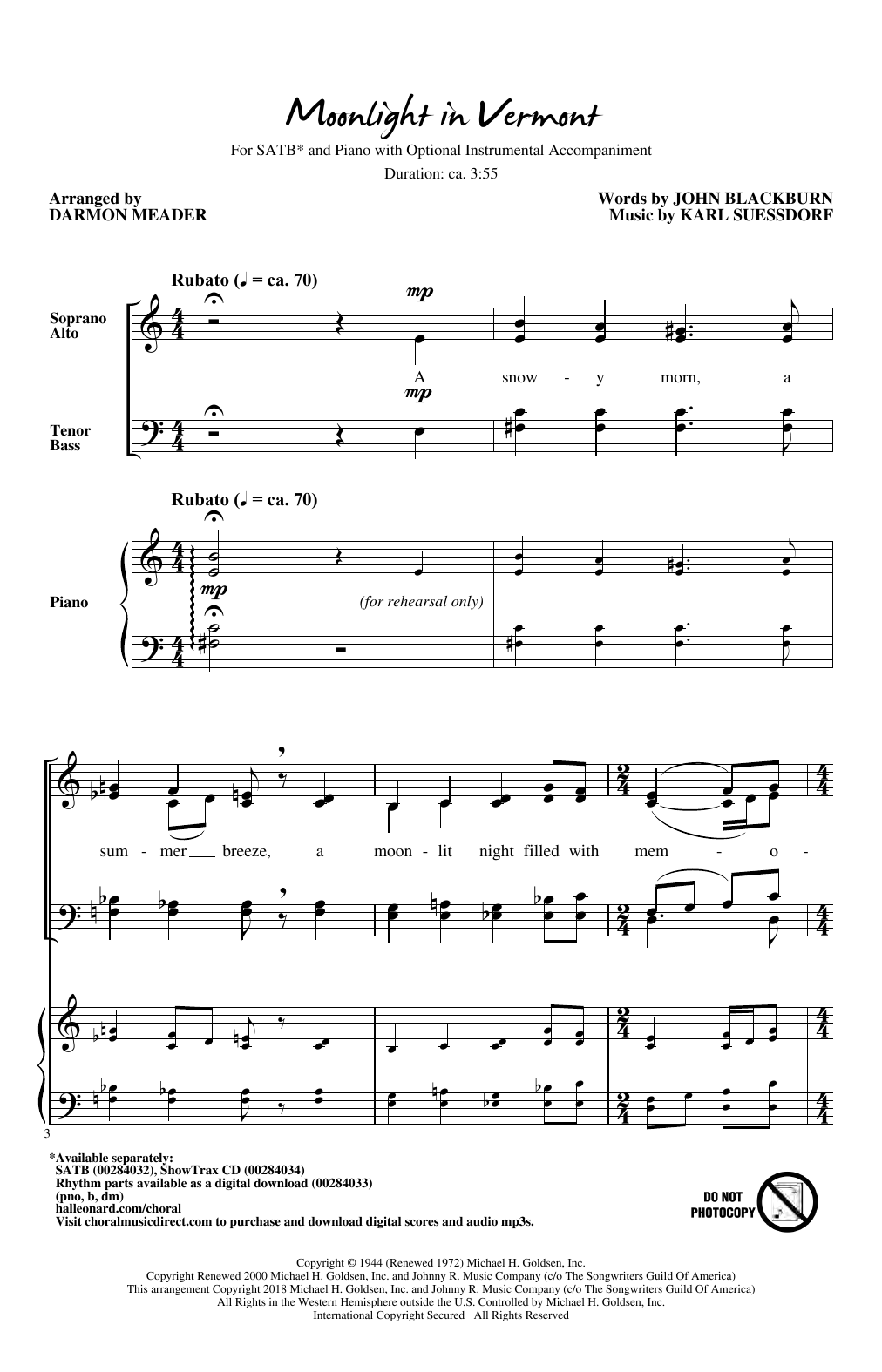 Download John Blackburn & Karl Suessdorf Moonlight in Vermont (arr. Darmon Meader) Sheet Music and learn how to play SATB Choir PDF digital score in minutes