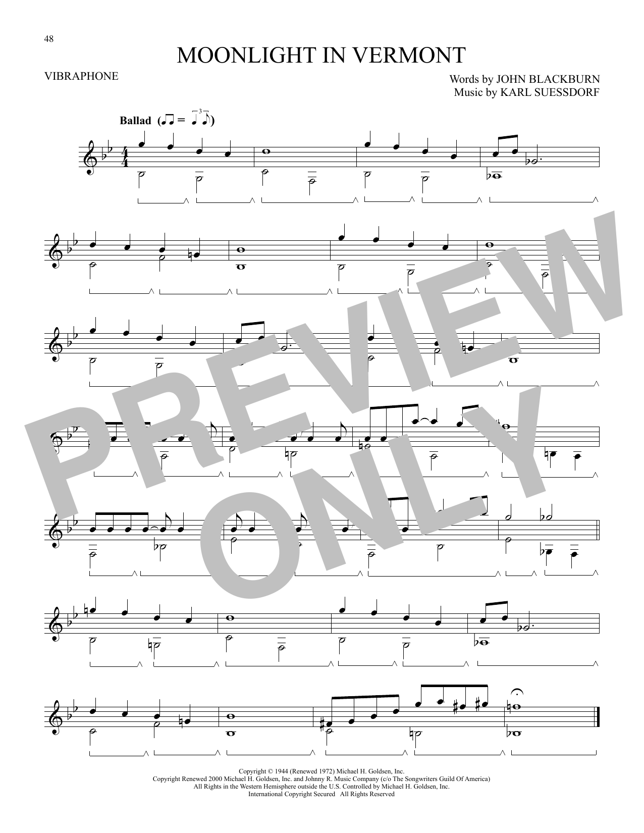 Download John Blackburn and Karl Suessdorf Moonlight In Vermont Sheet Music and learn how to play Vibraphone Solo PDF digital score in minutes