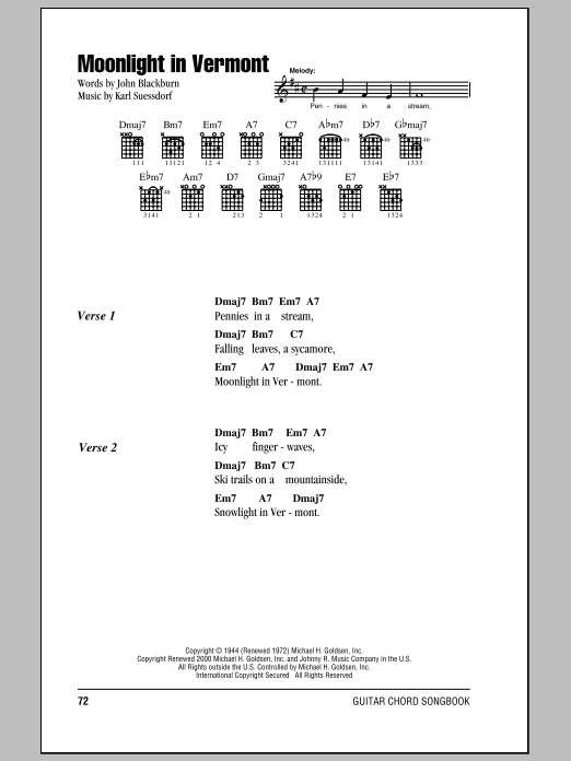 Download Karl Suessdorf Moonlight In Vermont Sheet Music and learn how to play Lyrics & Chords PDF digital score in minutes