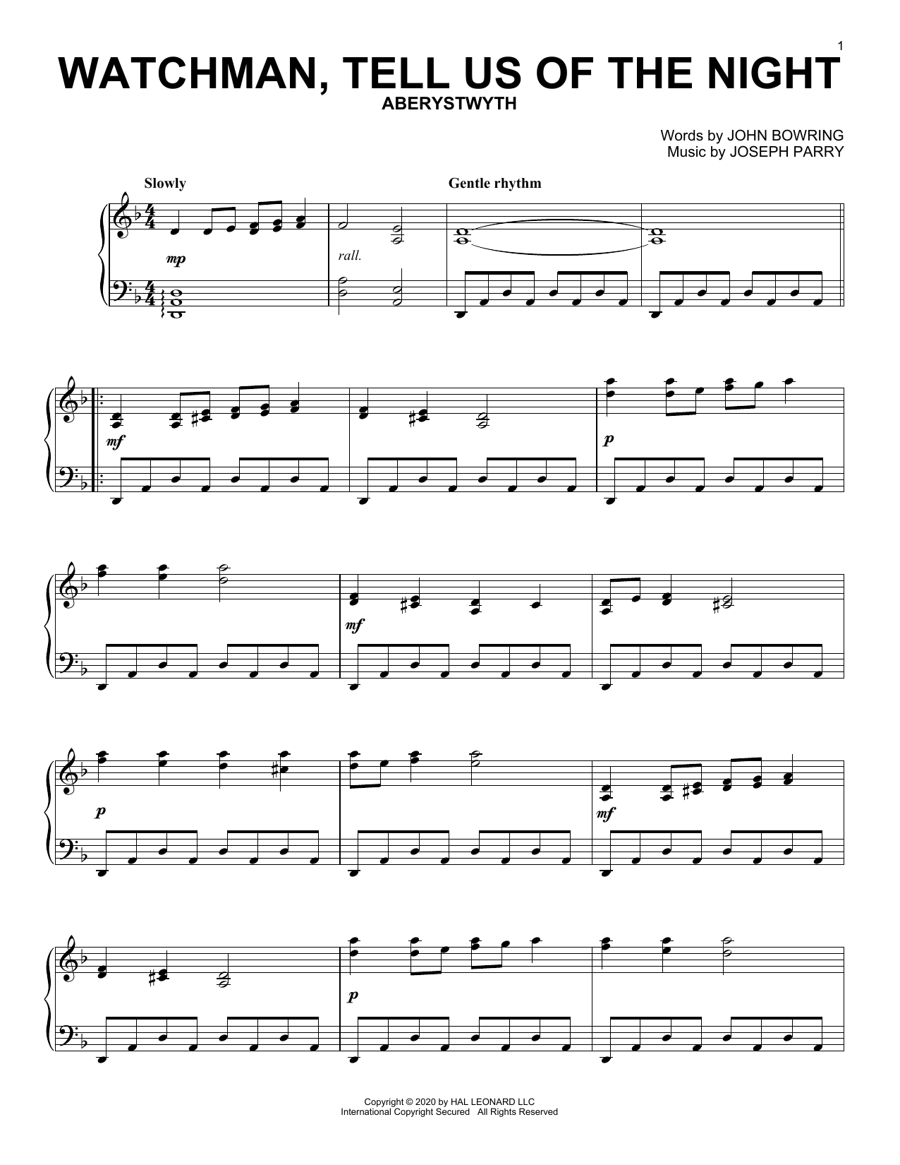 Download John Bowring and Joseph Parry Watchman, Tell Us Of The Night Sheet Music and learn how to play Piano Solo PDF digital score in minutes