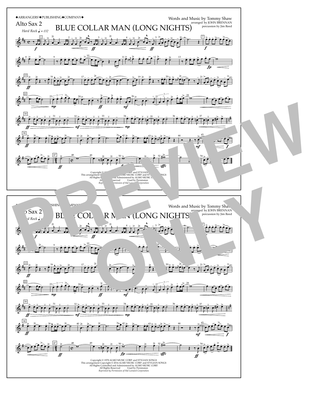 Download John Brennan Blue Collar Man (Long Nights) - Alto Sax 2 Sheet Music and learn how to play Marching Band PDF digital score in minutes