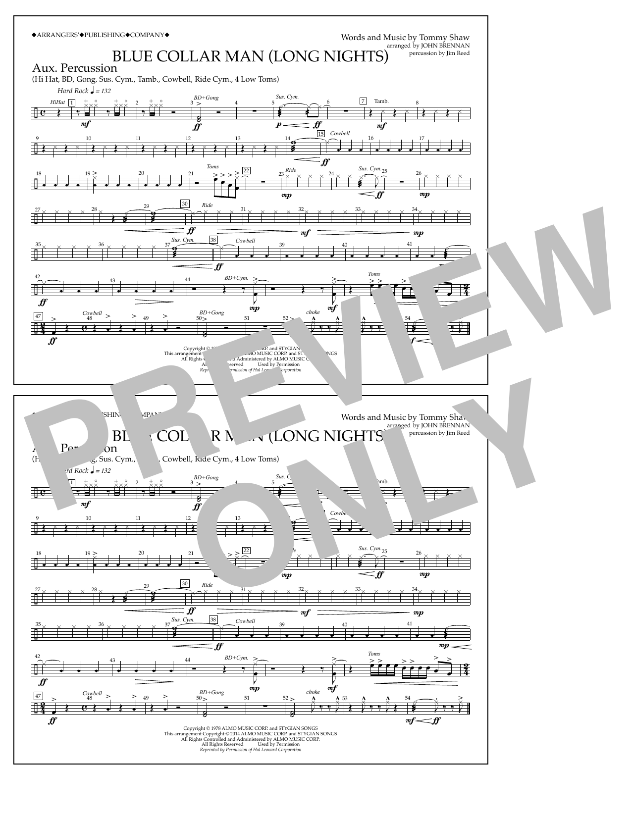 Download John Brennan Blue Collar Man (Long Nights) - Aux Percussion Sheet Music and learn how to play Marching Band PDF digital score in minutes
