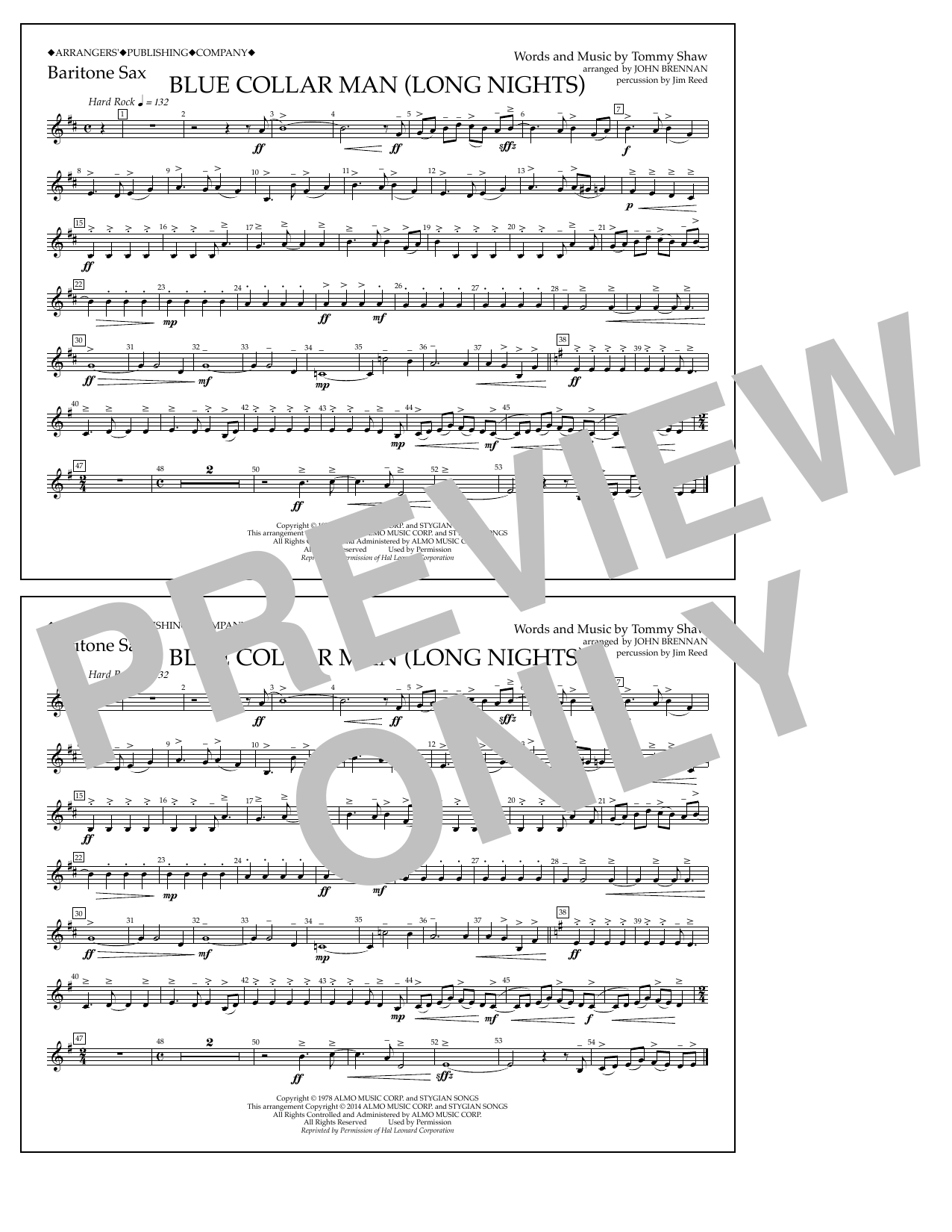 Download John Brennan Blue Collar Man (Long Nights) - Baritone Sax Sheet Music and learn how to play Marching Band PDF digital score in minutes
