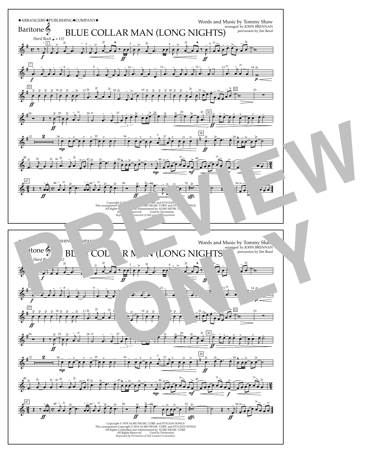 Download John Brennan Blue Collar Man (Long Nights) - Baritone T.C. Sheet Music and learn how to play Marching Band PDF digital score in minutes