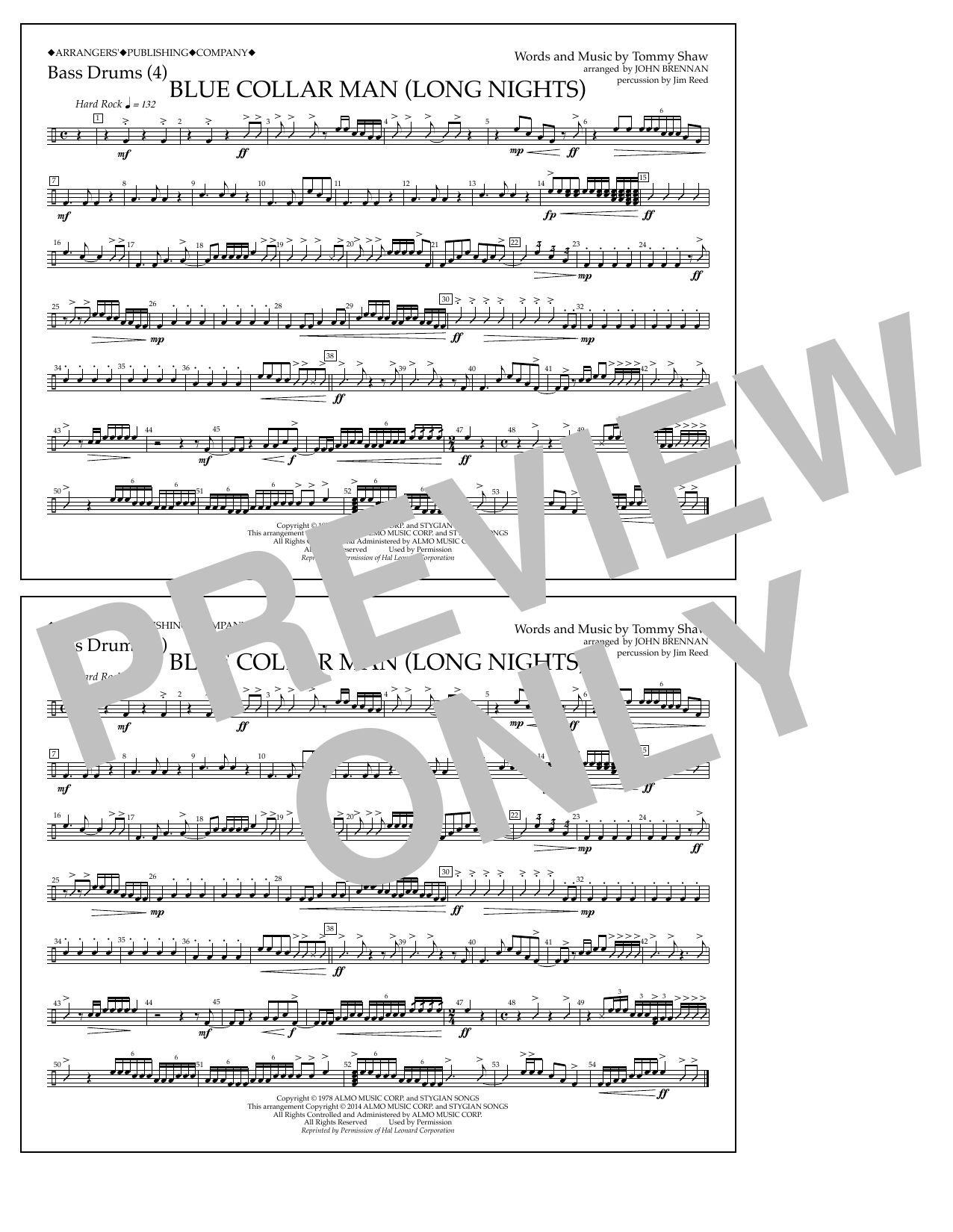 Download John Brennan Blue Collar Man (Long Nights) - Bass Drums Sheet Music and learn how to play Marching Band PDF digital score in minutes