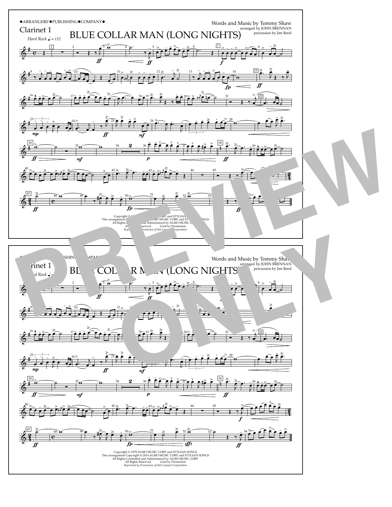 Download John Brennan Blue Collar Man (Long Nights) - Clarinet 1 Sheet Music and learn how to play Marching Band PDF digital score in minutes