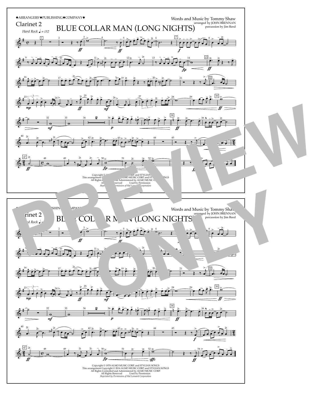 Download John Brennan Blue Collar Man (Long Nights) - Clarinet 2 Sheet Music and learn how to play Marching Band PDF digital score in minutes