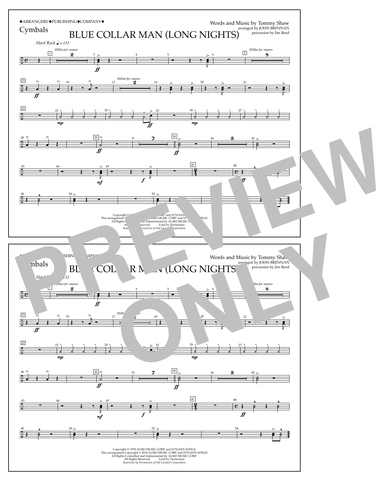 Download John Brennan Blue Collar Man (Long Nights) - Cymbals Sheet Music and learn how to play Marching Band PDF digital score in minutes