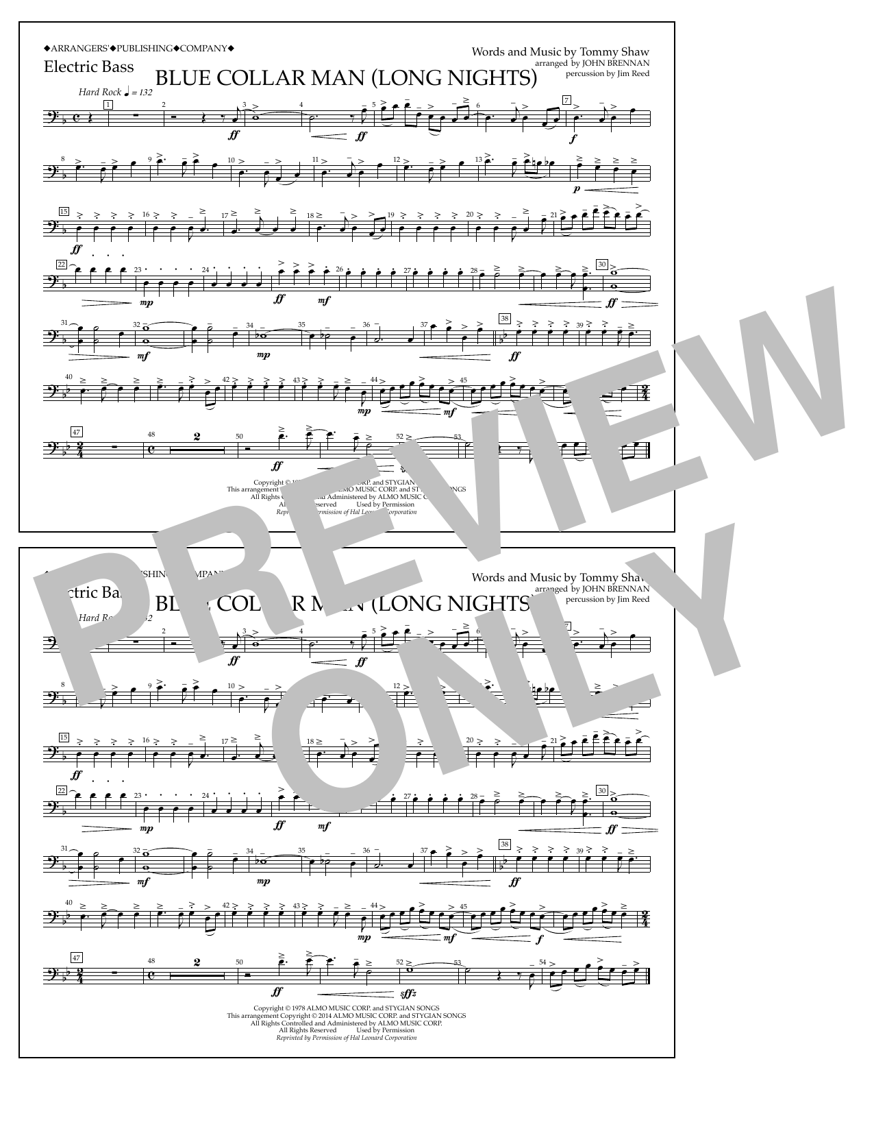 Download John Brennan Blue Collar Man (Long Nights) - Electric Bass Sheet Music and learn how to play Marching Band PDF digital score in minutes
