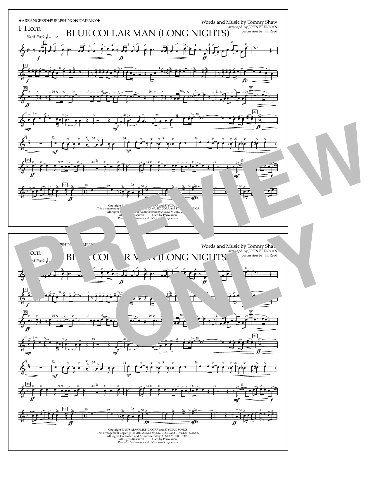 Download John Brennan Blue Collar Man (Long Nights) - F Horn Sheet Music and learn how to play Marching Band PDF digital score in minutes